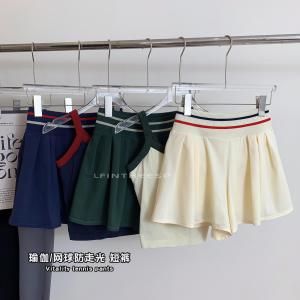 Womens Sporty Shorts Fitness Yoga Thin Fake Two-Piece Tennis Pants Running Shorts Summer Anti-Light Nylon Moisture Wicking