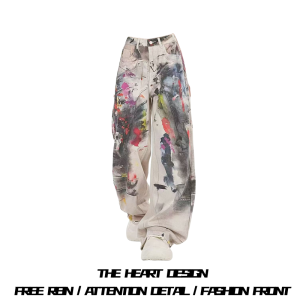 Quần Jeans Denim Ống Rộng Cạp Cao in Graffiti Phong Cách Đường Phố Mỹ Cổ Điển Cho Nữ Quần Dài Dài Đến Sàn Dáng Rộng