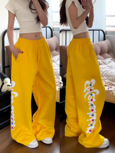 American Style Loose Fit Sporty Wide Leg Pants for Women Casual Jazz Dance Trousers High Waist Elastic Comfortable Breathable