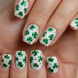 Short Square fake nails for women gilrs green golden four-leaf clover for St. Patricks Day white green tips press on false nail