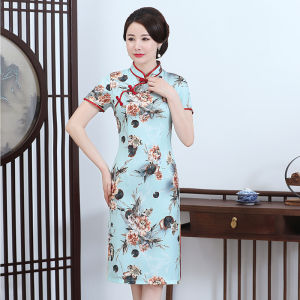 Elegant Short Sleeve Qinghua Porcelain Print Silk Dress Midi Length Daily Wear for Mom Stylish Casual Fashionable Dress