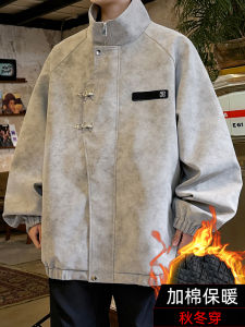 Thickened Cotton Metal Plane Buckle PU Leather Jacket Mens Stand Collar Dyed Leather Coat High Street Retro Top Zipper Closure