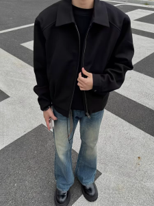 แจ็คเก็ตบุขนแกะสีดำ Cleanfit สำหรับผู้ชาย ทรงบุขนแกะ ฤดูใบไม้ร่วง/ฤดูหนาว ทรงเข้ารูป ทรงเข้ารูป สไตล์ฮิปฮอป