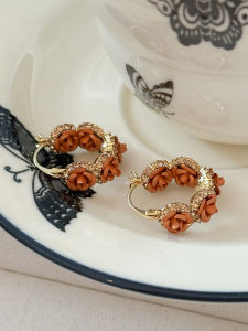 French Luxurious Vintage Coffee Rose Flower Hoops Earrings Womens Fashion Jewelry Unique Exaggerated Ear Cuffs Alloy Plated