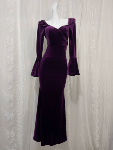 Elegant Long Sleeve Velvet Evening Gown Womens Fashion Autumn Winter Fish Tail Dress French Style Maxi Skirt Polka Dot Print