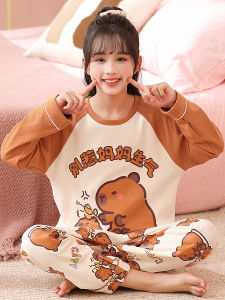 Pure Cotton Bé Gáis Sleepwear Long Sleeves Thin Model Capybara Spring Fall Domestic Childrens Sweatpants Comfortable round Collar