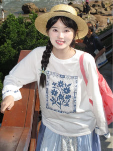 YUEZHONGWEI | เสื้อยืดแขนยาวผ้าไหมน้ำแข็งลายดอกไม้สีขาวสำหรับผู้หญิงในช่วงฤดูร้อน เสื้อคลุมหลวมๆ ใส่สบายๆ สไตล์เกาหลี