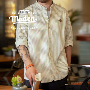 Maden thương hiệu 2025 mùa thu mới cho nam dụng cụ Nhật Bản Retro bình tĩnh phong cách sọc đứng cổ áo rộng áo có tay dài thoải mái thân thiện với da
