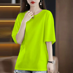 Trendy Womens Cotton Summer Loose Fit Long Short Sleeve T-Shirt Korean Style Versatile Casual Print round Neck Top