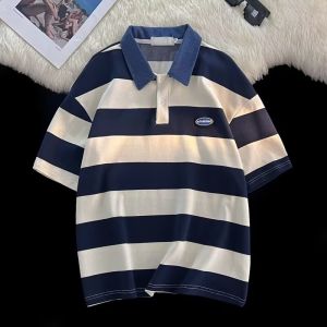 Youth Short Sleeve Polo Shirt Pure Cotton Turn-down Collar Boys Summer New Style Japanese Stripe Cityboy Clothes Casual T-shirt