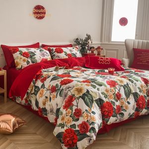 Red Floral Fresh Wedding Bedding Set