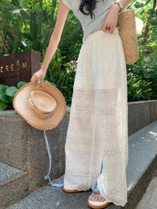 Lace Embroider Cut Out Wide-Leg Straight Pants Womens Spring and Summer New Arrival High Waist Versatile Slimming Casual Pants Cool Pants