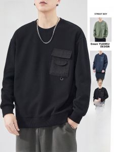 ROMON | Romon Mens Pure Color Round Neck Sweatshirt Casual Long Sleeve T-shirt Autumn New Loose Fit Fashion Urban Style Cotton Polyester Blend