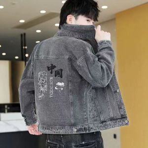 Spring Autumn Youth Embroidered Denim Jacket Mens Trendy Loose Fit Jacket Versatile Top Casual Long Sleeve Button up Coat