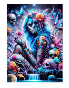 1000pcs Gothic Fantasy Puzzle Mysterious Blue-Haired Woman with Skull and Butterfly Floral Design – Exquisite Details Vibran