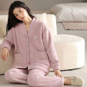 MiiOW | Bộ đồ ngủ lông cừu Coral Fleece dày dặn cho nữ mùa đông 2024 Bộ đồ mặc nhà ấm áp chất liệu polyester dài tay cổ chữ V