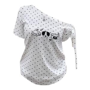 YUEZHONGWEI | เสื้อยืดแขนสั้นผู้หญิงสไตล์อเมริกัน ลายการ์ตูนสุนัข ลายจุด ไหล่ข้างเดียว หลวมๆ สำหรับฤดูร้อน เสื้อเปิดไหล่