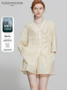 French V-neck Lyocell Lightweight Summer New Loose Casual Shirt Wide Leg Shorts Two-piece Set Womens Fashion Ensemble