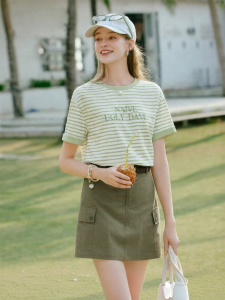 XIANGYING | Green Stripe Letter Print Short Sleeve T-shirt