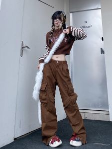 กางเกงทำงานทรงหลวมสไตล์ย้อนยุคแบบอเมริกันสำหรับผู้ชายและผู้หญิง กางเกงขายาวลำลองสีน้ำตาลฤดูใบไม้ร่วง/ฤดูหนาว กางเกงขายาวทรงหลวม