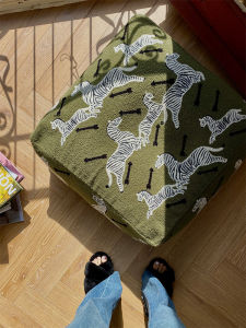Rinoart | Washable Embroidered Green Zebra Moroccan Style Pouf