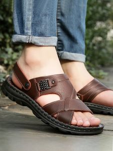 SHIPAILUO | New 2025 Mens Sandals Breathable Leather Beach Shoes Anti-slip Casual Large Size Soft Bottom Slippers Comfortable Dad Shoes