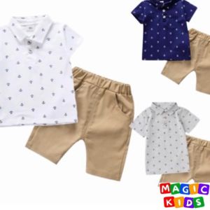 Kids High Quality Terno Sets Cotton Sleeve Polo T-shirt and Shorts Anchor Design Casual Suits for Boys 1-6 Years Old