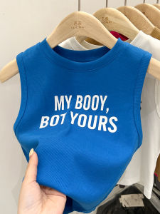 เสื้อกั๊กสีน้ำเงินแขนกุดสำหรับผู้หญิงในช่วงฤดูร้อน 2024 เสื้อเชิ้ตแขนสั้นสไตล์ใหม่หวานๆ ที่สวมใส่ได้ทั้งในและนอกบ้าน