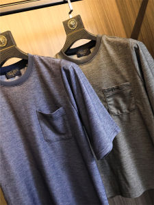 Export Japanese Single [Minimalist Style] Comfortable Stretch Summer Men Arabesquitic Fabric round Neck Pocket Embroider Short Sleeve T-shirt