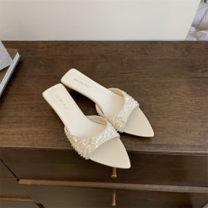 Fish Mouth Nữ Dép Hạt Kim Cương Giày Sandal Cao Gót Đi Biển Thời Trang Sành Điệu Màu Đen Đế Bằng Bạc Lấp Lánh Lấp Lánh Phong Cách Hàn Quốc