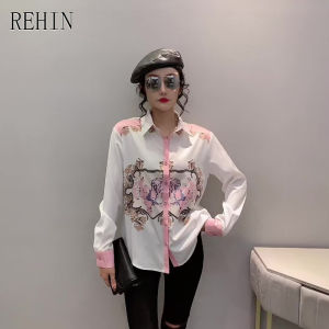 REHIN Womens top Autumn and winter new fashion printing long-sleeved shirt unique print niche loose lapel elegant blouse