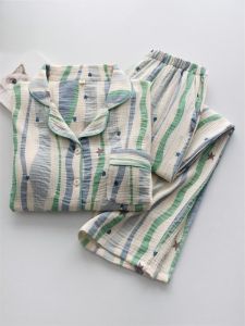 Blue Striped Long Sleeve Cotton Padded Nightgown Womens Spring Summer Thin Pure Cotton Flannel Sleepwear Comfortable Home Clothes