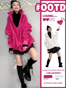 Trendy Hoodie Sweatshirt Womens Casual Loose plus Size Mid-Length Spring Fashion Commute Solid Color Long Sleeve Garment