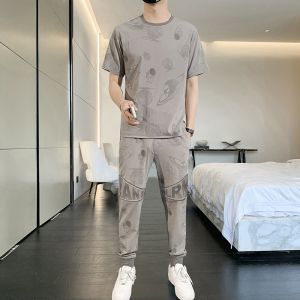 ROMON | Lomond Mens Summer Ice Silk Short Sleeve T-Shirt Fitness Running Thin Two-Piece Set Casual Sportswear Youth Nylon Rayon Spandex