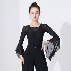 ชุดฝึกซ้อมเต้นรำผู้หญิงชูดเดรสเต้นรำละตินแขนบานสีดำสำหรับ ผู้ใหญ่