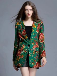 Womens Mid-Length Northeast Large Flower Suit Jacket Cotton Linen 2025 Style Autumn Winter Slim Fit Ethnic Style Green Size plus