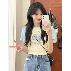 เสื้อยืดแขนสั้น Dopamine Rabbit ผู้หญิง ฤดูร้อน หลากหลาย แขนไหล่บล็อกสี Pure ผ้าฝ้าย พรางหุ่น สไตล์สั้น เสื้อท่อนบน