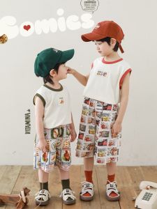 Youyou Boys Summer New Style Color Block Sleeveless Vest Retro Poster Print Loose Casual Children Shorts Set Cotton Blend Fabric