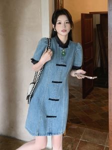 Slim Fit Cheongsam Dress New Chinese Style Retro Modified Summer 2024 Womens Clothing High Waist Short Sleeve Stand Collar