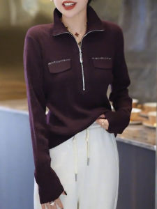 SUOXIMENG | Large Size Red Diamond Embellished Zipper Knitted Top Womens Fashion Trendy Anti-Aging Polo Collar Half Zipper Autumn New Arrival