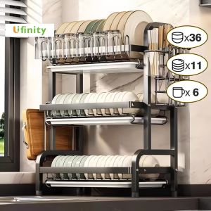 Lifinity 2/3-Tiers Dish Rack With Drainer Carbon Steel Drying Rack Kitchen Plate Organizer Storage Shelf Rack with Cup Holder