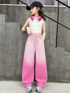 MPW | กางเกงยีนส์ขากว้างลายทางสีชมพูสำหรับเด็กผู้หญิง กางเกงขายาวทรงตรงสำหรับใส่กลางแจ้งในฤดูใบไม้ผลิและฤดูใบไม้ร่วง