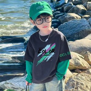 Labbubu Boys Long Sleeve T-Shirt Fake Two-Piece Base Shirt Autumn Wear for Middle And Large Children Casual Straight Cut