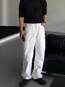 กางเกงยีนส์ทรงตรงหลวมๆ สีขาว สไตล์ย้อนยุค สไตล์อเมริกัน กางเกงขายาวลำลอง กางเกงขายาวทำงาน กางเกงยีนส์ทรงตรงสำหรับผู้ชาย