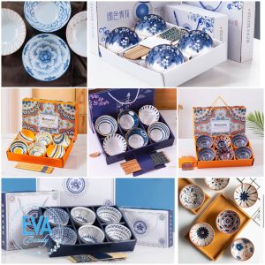 Bộ 6 Chén Sứ Hoạ Tiết Hoa Văn Phong Cách Nhật Sang Trọng Tặng Kèm 6 Đũa Hoá Cao Cấp