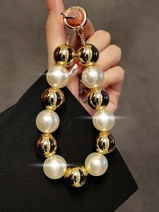 Golden Pearl Handheld Chain Personalized Creative Mobile Phone Case Keychain Bag Pendant Short Lanyard with Clip for Digital Accessories