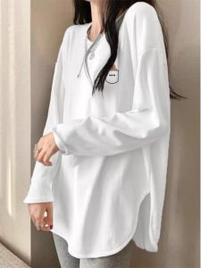 Trendy Pure Cotton Long Sleeve T-Shirt Womens Mid-Length Cover-Ass Bottoms Fashionable Base Shirt Top for Autumn Winter