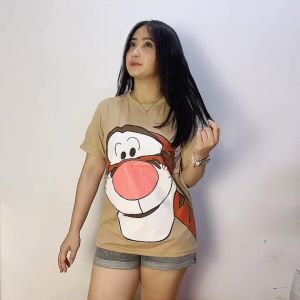 093 COD kaos Wanita Pooh Tigress Print Dewasa Lengan Pendek Cream
