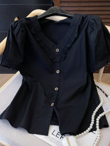 PAIBOLI | Summer New Style Black V-neck Short Sleeve Shirt Womens Fashionable Unique Beautiful Top Commute Korean Loose High Waist Short