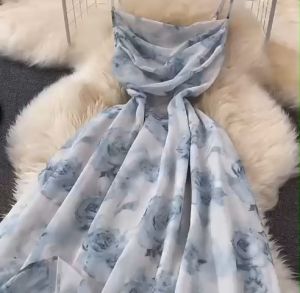 Đầm 2 Dây Maxi Voan Xanh Nhún Lưng Cực Xinh